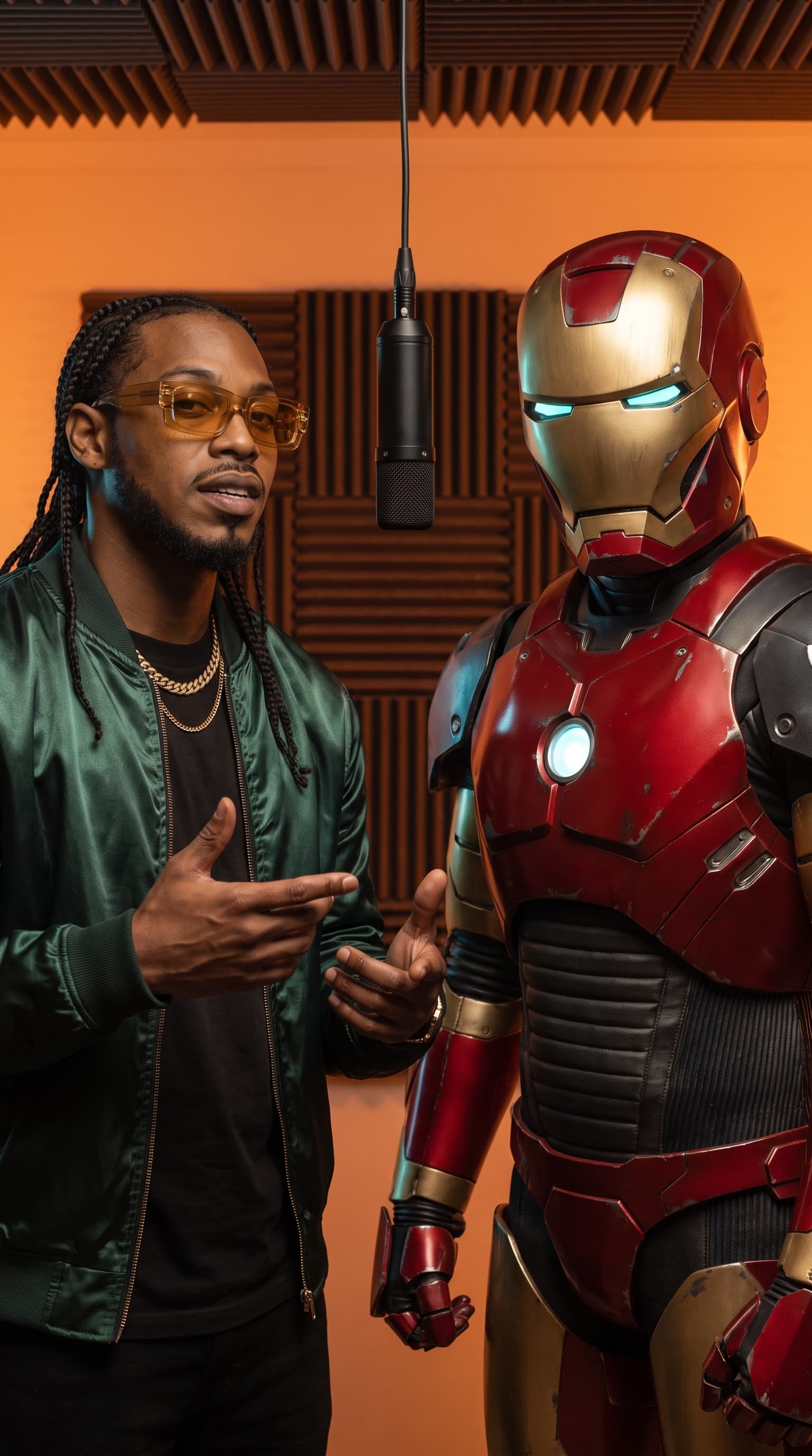 Photorealistic fictional adult rapper in an emerald jacket and a red-and-gold armored performer in an orange recording booth